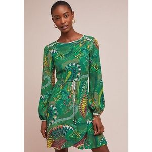 ANTHROPOLOGIE Maeve Janis Dress Green Design High to Low Midi Dress Size…